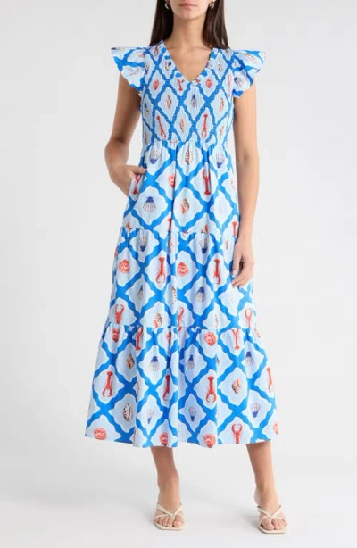 Sugarlips Lobster Bay Sunfire Smocked Cotton Tiered Maxi Dress In Black