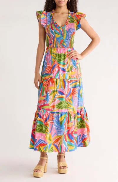 Sugarlips Lobster Bay Sunfire Smocked Cotton Tiered Maxi Dress In Multi
