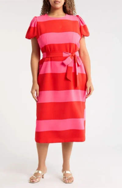 Sugarlips Lolli Stripe Senidy Puff Sleeve Midi Dress In Red