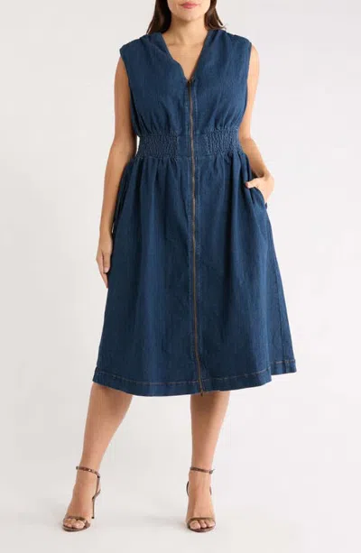 Sugarlips Lula Smocked Sleeveless Zip Front Dress In Blue