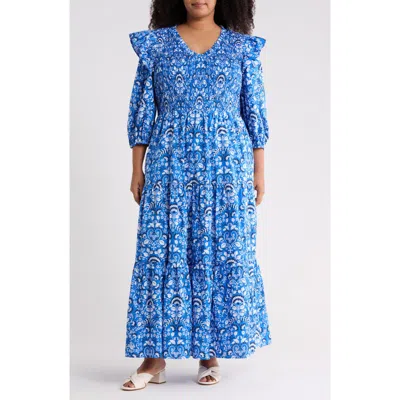 Sugarlips Lulu Floral Brighton Smocked Maxi Dress In Blue