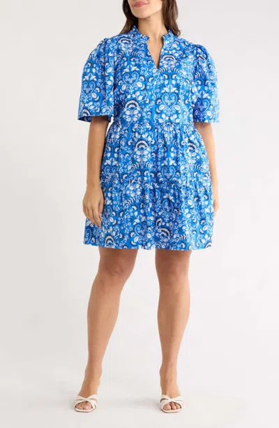 Sugarlips Lulu Floral Dixie Split Neck Cotton Minidress In Blue