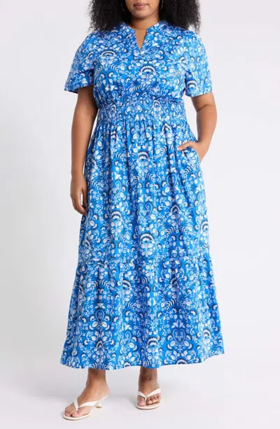 Sugarlips Lulu Floral Smocked Cotton Poplin Maxi Dress In Blue