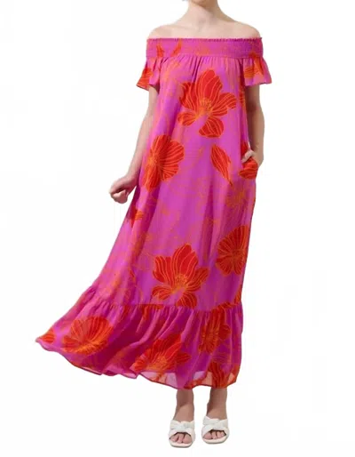 Sugarlips Luxe Getaway Floral Smocked Shoulder Maxi Dress In Purple/ Red In Pink