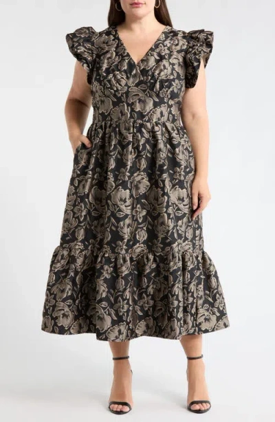 Sugarlips Lyla Metallic Floral Jacquard Midi Dress In Brown