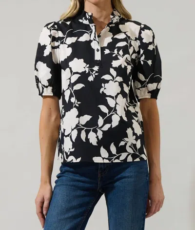 Sugarlips Mableton Floral Blouse In Black And Cream In Blue