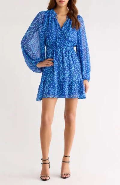 Sugarlips Madeira Metallic Abstract Print Long Sleeve Dress In Blue