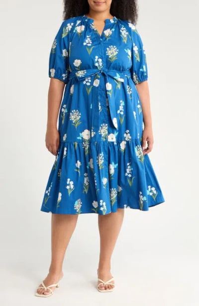 Sugarlips Madison Floral Wynette Cotton Tiered Midi Shirtdress In Blue