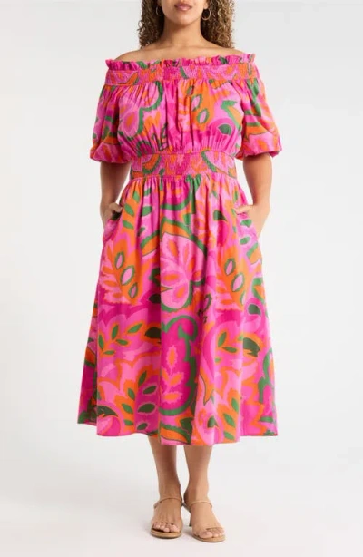 Sugarlips Magna Town Off The Shoulder Cotton Midi Dress In Pink