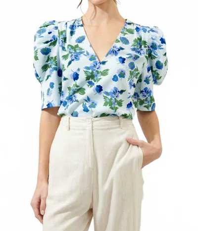 Sugarlips Magnolis Floral Puff Sleeve Blouse In Blue Green Floral In Multi