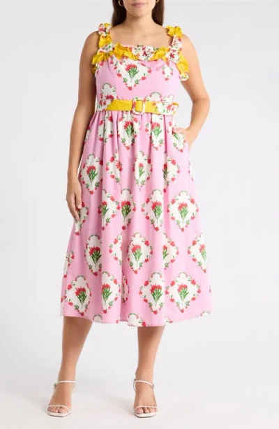 Sugarlips Maia Floral Strapless Ruffle Midi Dress In Pink