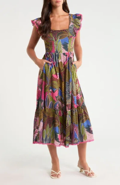 Sugarlips Maira Floral Cotton Midi Dress In Brown