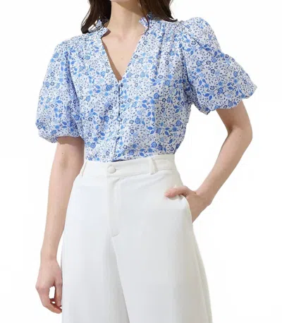 Sugarlips Maisie Floral Button Down Top In White Blue Combo