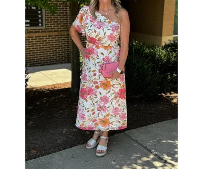 Sugarlips Maldonado Floral Royce One Shoulder Midi Dress In White/pink In Multi