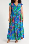 Sugarlips Malton Tropical Evianna Button Down Flutter Maxi Dress Curve In Cobalt Multi In Blue