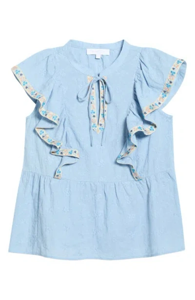 Sugarlips Marcy Floral Ruffle Trim Split Neck Top In Blue
