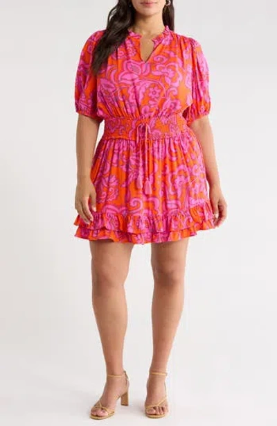 Sugarlips Marinda Floral Jurie Tiered Smocked Waist Top In Orange-fuchsia