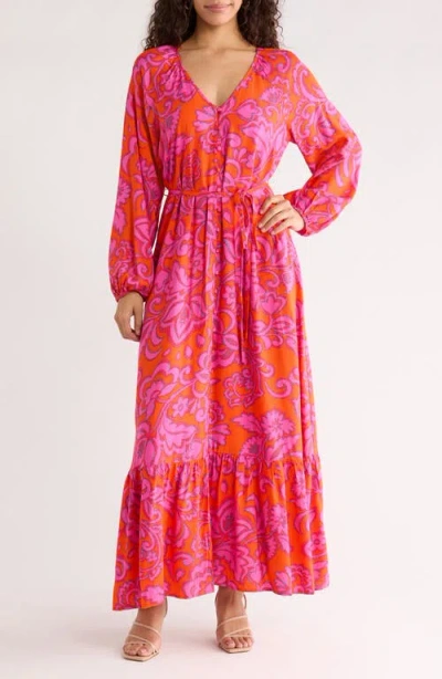 Sugarlips Marinda Floral Larrie Long Sleeve Button Maxi Dress In Pink