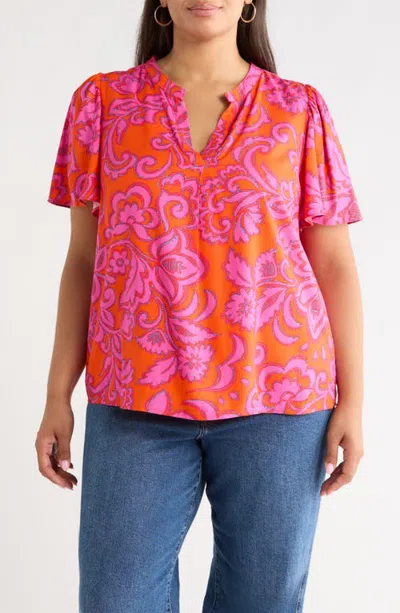 Sugarlips Marinda Floral Print Flutter Sleeve Top In Orange-fuchsia