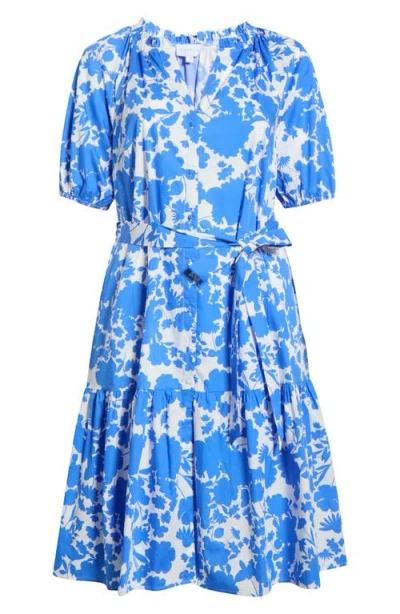 Sugarlips Marinelle Floral Wynette Cotton Tiered Midi Shirtdress In Blue