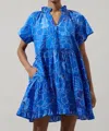 Sugarlips Maris Floral Pallas Poplin Tiered Mini Dress In Blue In Blue