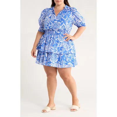 Sugarlips Marny Floral Rai Ruffle Cotton Dress In Blue