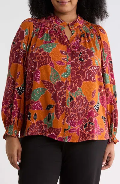 Sugarlips Marven Floral Button Down Top In Rust-brown