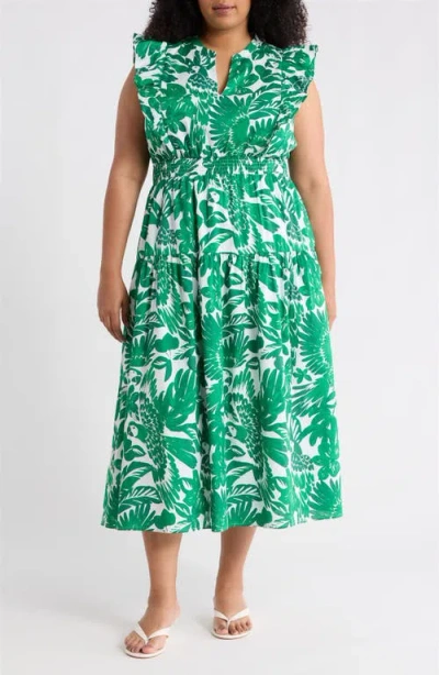Sugarlips Masey Tropical Print Ruffle Midi Dress In Green