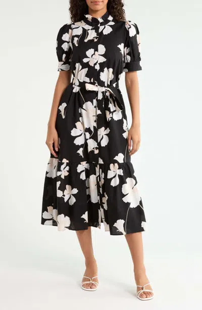Sugarlips Medina Floral Giles Button-up Cotton Midi Shirtdress In Black