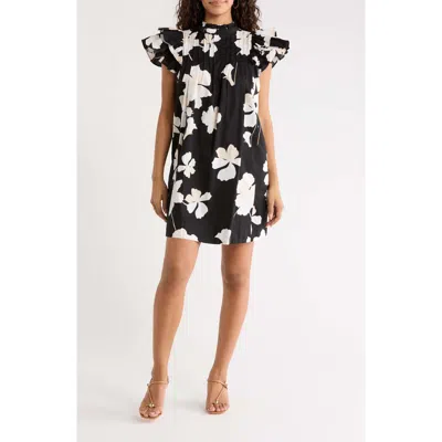 Sugarlips Medina Floral Pleated Flutter Sleeve Shift Minidress In Black