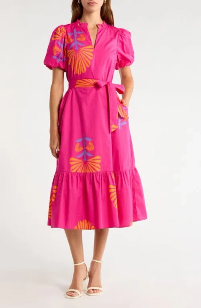 Sugarlips Melian Placed Floral Tiered Cotton Midi Dress In Pink