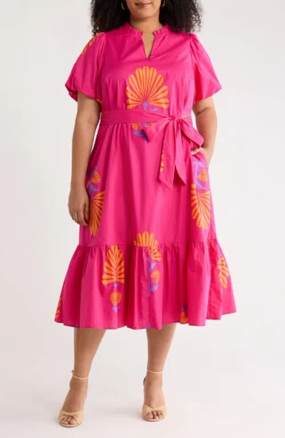 Sugarlips Melian Puff Sleeve Tie Belt Cotton Midi Dress In Pink