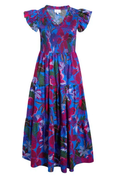 Sugarlips Mella Tropics Sunfire Smocked Cotton Tiered Maxi Dress In Blue