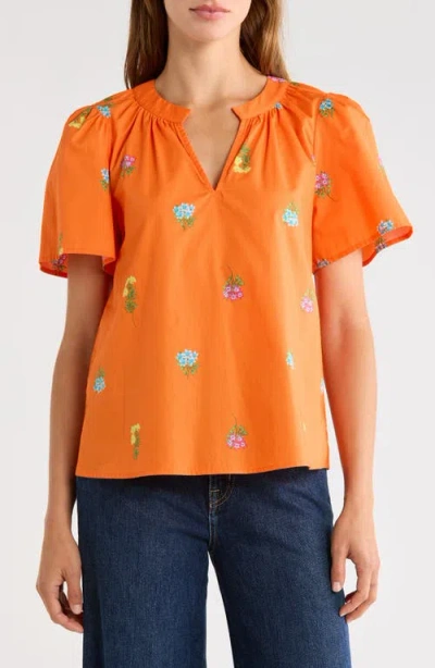 Sugarlips Mely Floral Puff Sleeve Cotton Top In Orange