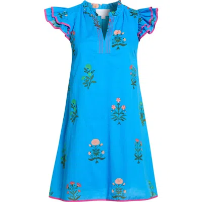 Sugarlips Merina Placed Floral Cotton Shift Minidress In Blue-multi