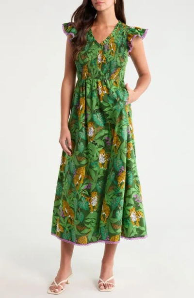 Sugarlips Merlin Smocked Bodice Flutter Sleeve Cotton Midi Sundress In Multi