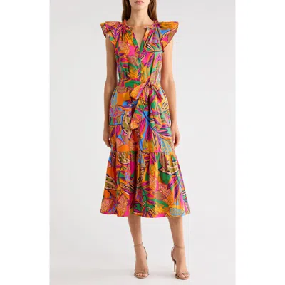 Sugarlips Milana Tropical Print Tiered Cotton Midi Dress In Multi