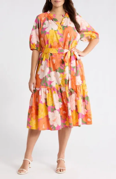 Sugarlips Milley Floral Wynette Tiered Midi Dress In Orange