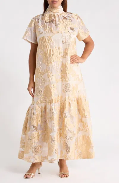 Sugarlips Mimy Floral Mock Neck Organza Maxi Dress In Neutral