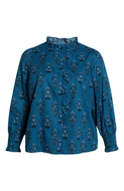 Sugarlips Minny Placed Floral Cotton Button-up Shirt In Blue