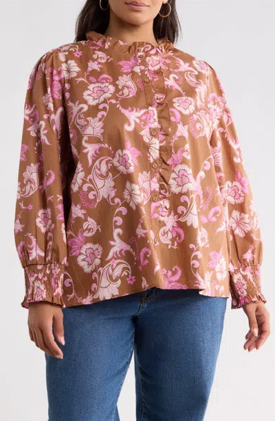 Sugarlips Minny Ruffled Button Up Top In Brown-multi