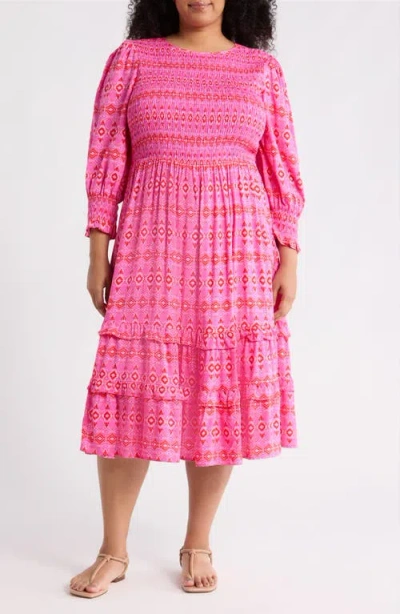 Sugarlips Mirany Ikat Print Long Sleeve Tiered Dress In Pink