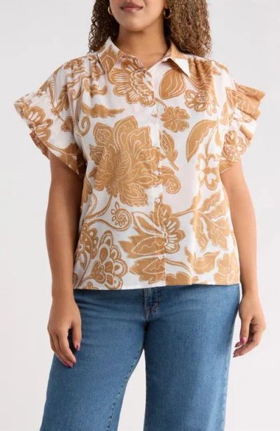 Sugarlips Nadya Floral Ina Short Sleeve Button-up Shirt In Neutral