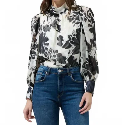 Sugarlips Nerine Floral Hillary Tana Long Sleeve Blouse In White/ Black In Multi