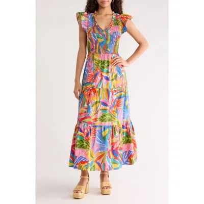 Sugarlips New Guinea Sunfire Smocked Cotton Tiered Maxi Dress In Multi