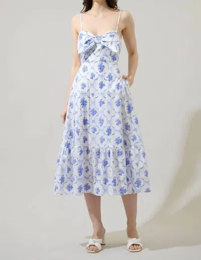 Sugarlips Nia Floral Perline Bow Midi Dress In White/blue In Multi