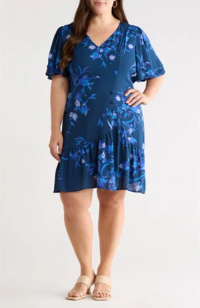 Sugarlips Niva Floral Print Faux Wrap Dress In Blue
