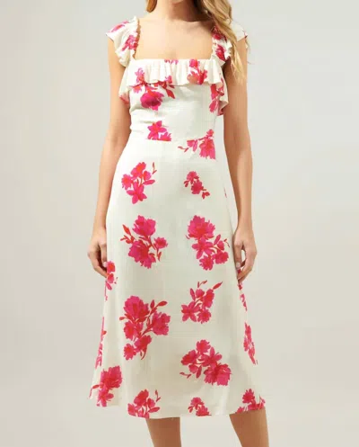 Sugarlips Nohea Floral Ruffle Trim Milo Midi Dress In Red Ivory Floral