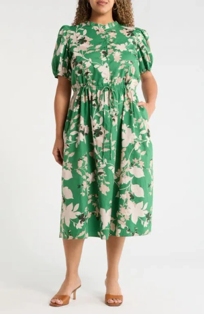 Sugarlips Nora Puff Sleeve Button Cotton Midi Dress In Green