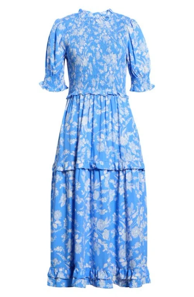 Sugarlips Odella Floral Analisa Smocked Midi Dress In Blue